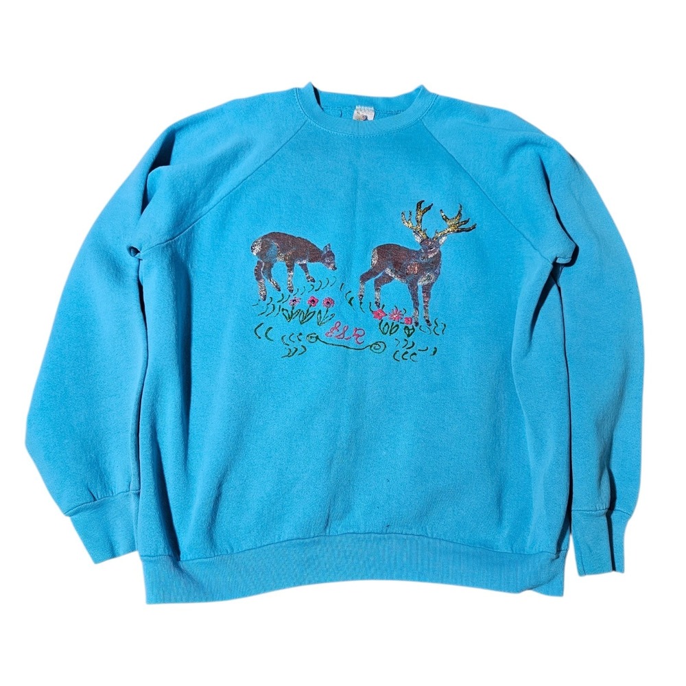 Vtg/90s‎ Fruit of the Loom Turquoise Deer Graphic Sweatshirt W/Glitter Sz XL USA